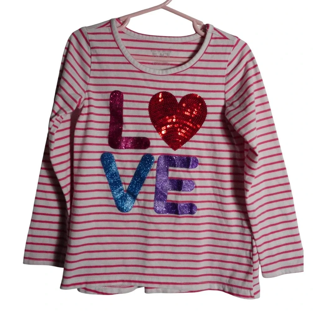 The Childrens Place Long Sleeve Shirt 5T Striped Pink Love Sequin Heart